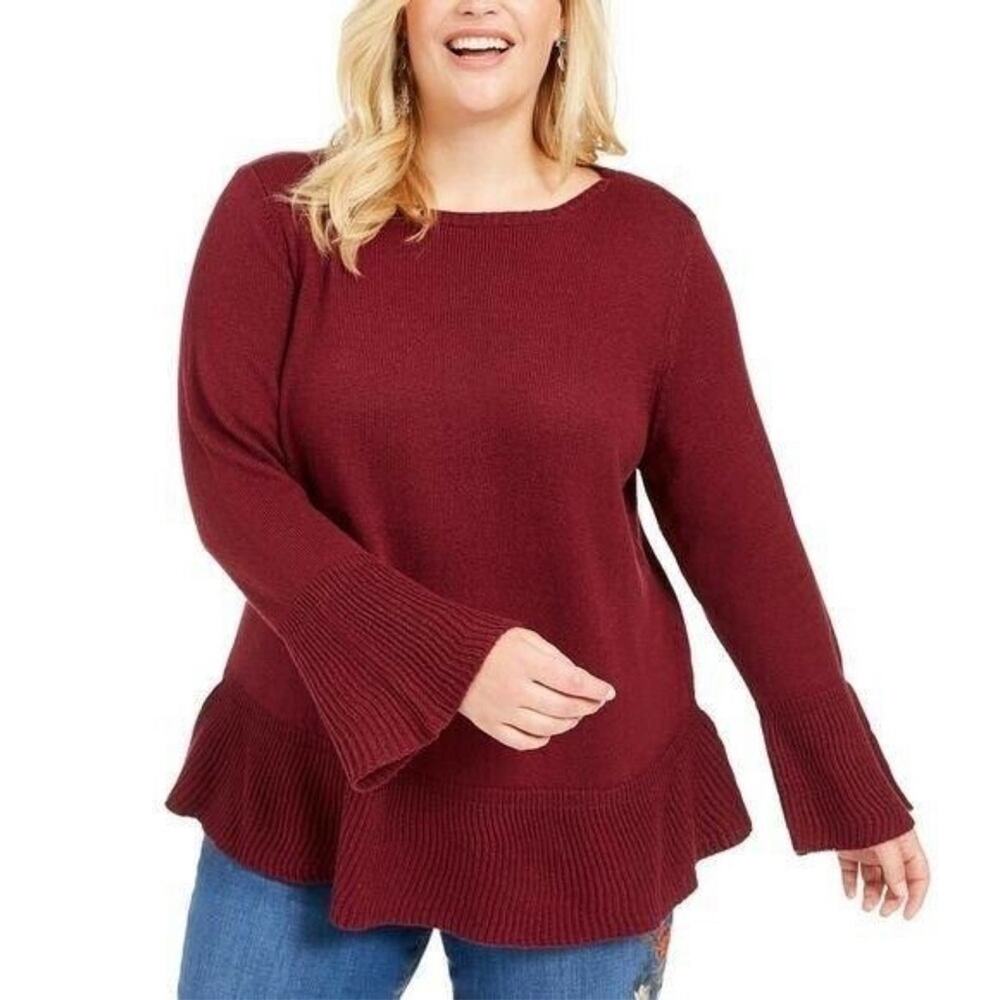 Style & Co Ribbed Hemline Ruffle Pullover Sweater Women's 0X Red